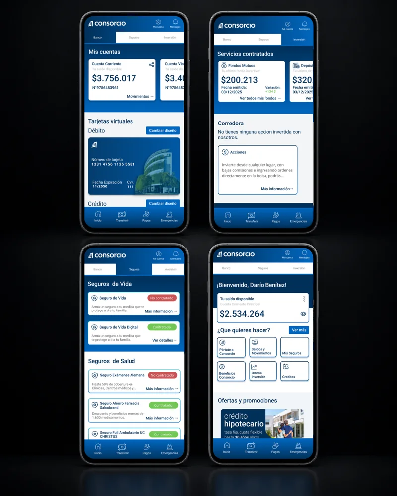 Pantallas de la app móvil de Consorcio